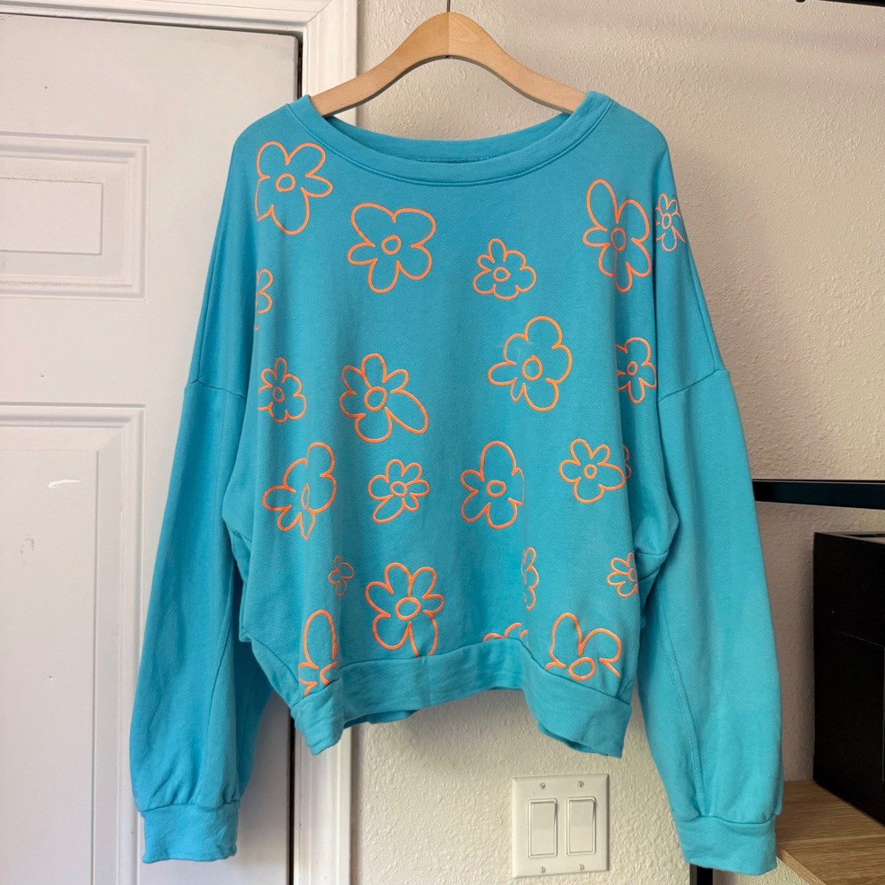 BUCKET LIST aqua turquoise teal floral oversized boxy pullover crew sweater